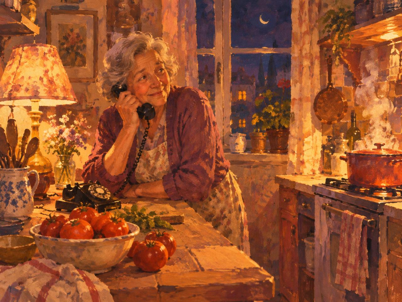A painting of a grandmother on the phone in a warm kitchen full of tomatoes