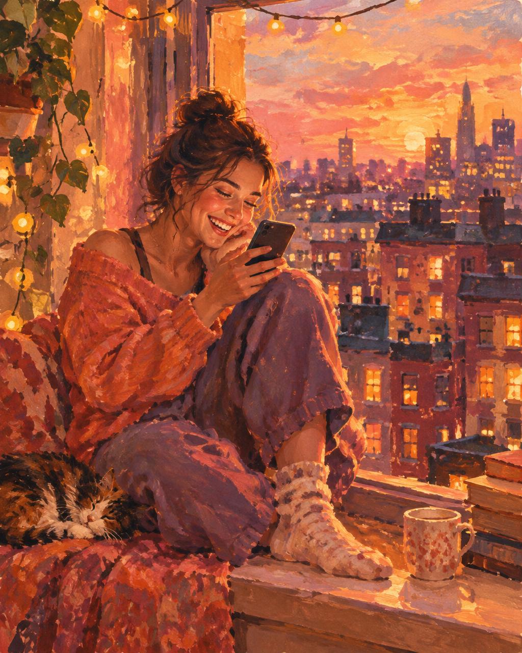 A painting of a young woman laughing at her phone on a windowsill at sunset
