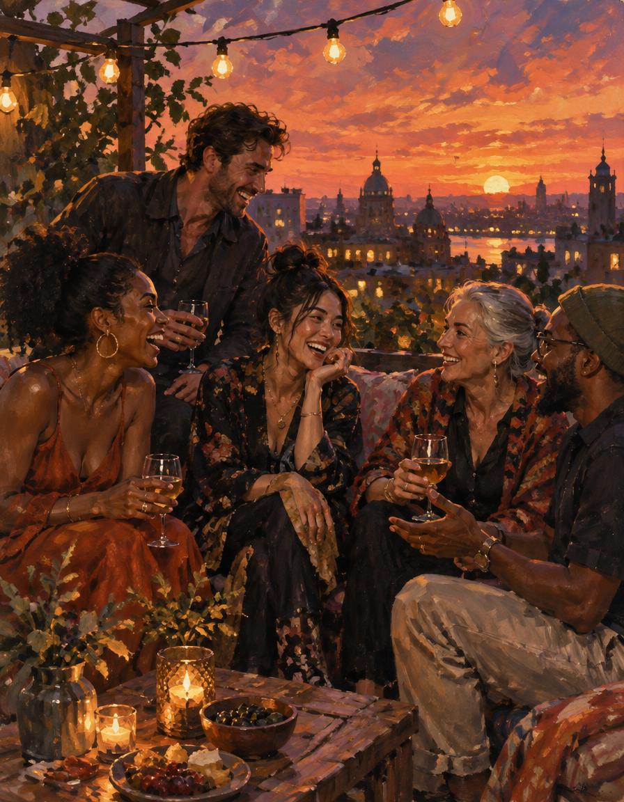 A painting of friends laughing together on a rooftop at sunset